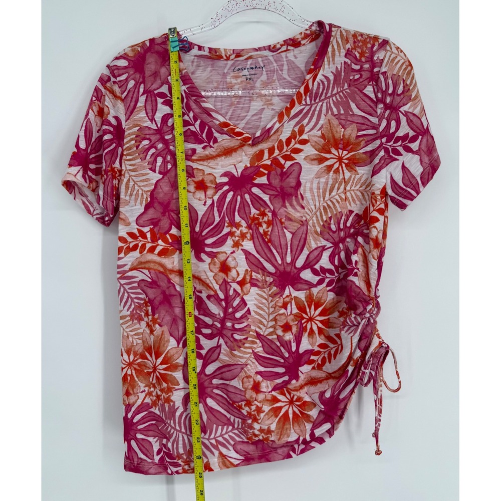 Casey Key Womens Pink Tropical Palm Leaf V-Neck Side Cinch Rayon Top Sz PXL - Picture 2 of 9